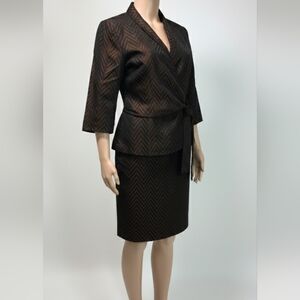 Citrine, Chic Bronze Chevron Wrap Top & Pencil Skirt Suit - Size Small